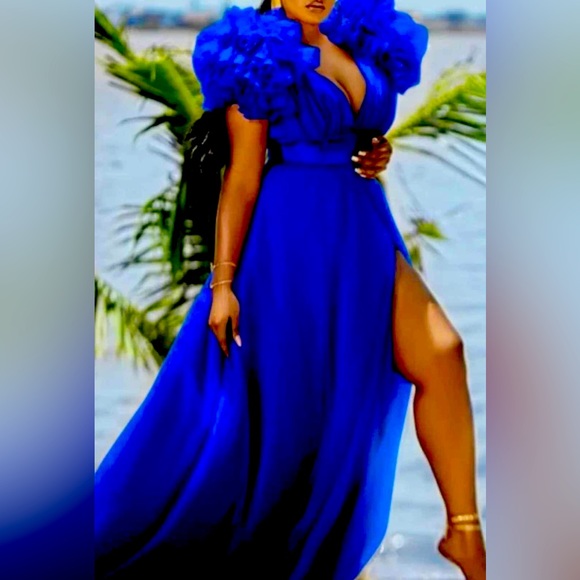 Blue Sexy Elegant Solid Patchwork V Neck Evening Dress Plus Size Dresses - Picture 1 of 7